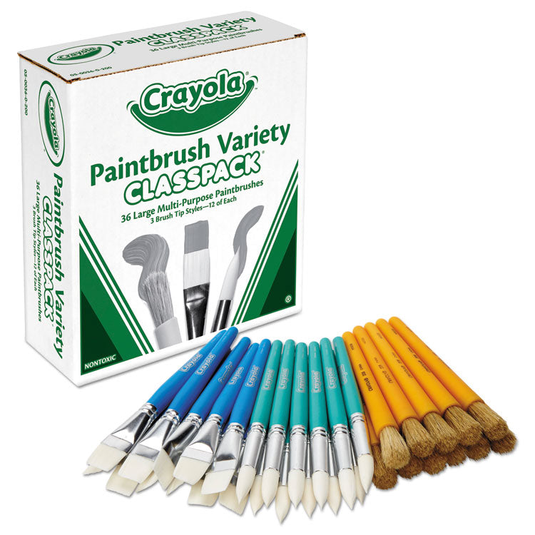 Large Variety Paint Brush Classpack, Natural, Nylon Bristles, Flat, Round Profiles, 36/Set