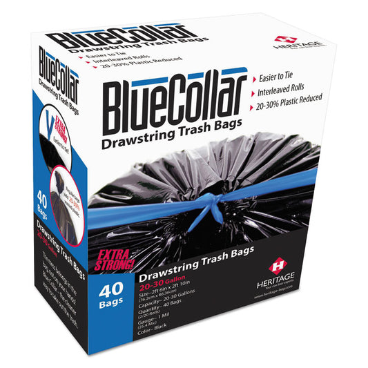 Drawstring Trash Bags, Drawstring, 30 gal, 1 mil, 30" x 34", Black, 20 Bags/Roll, 2 Rolls/Box
