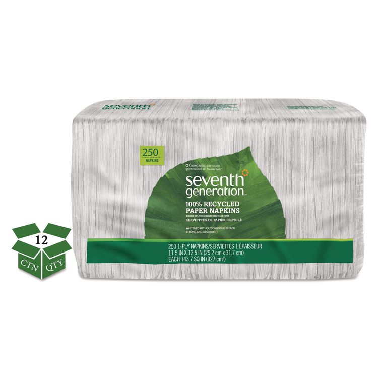 100% Recycled Napkins, 1-Ply, 11.5 x 12.5, White, 250/Pack, 12 Packs/Carton