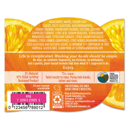 Natural Hand Wash, Mandarin Orange and Grapefruit Scent, 12 oz, 8/Carton