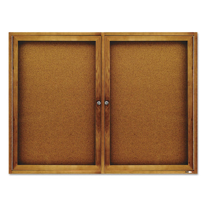 Enclosed Indoor Cork Bulletin Board with Two Hinged Doors, 48" x 36", Tan Surface, Oak Finished Fiberboard (MDF) Frame