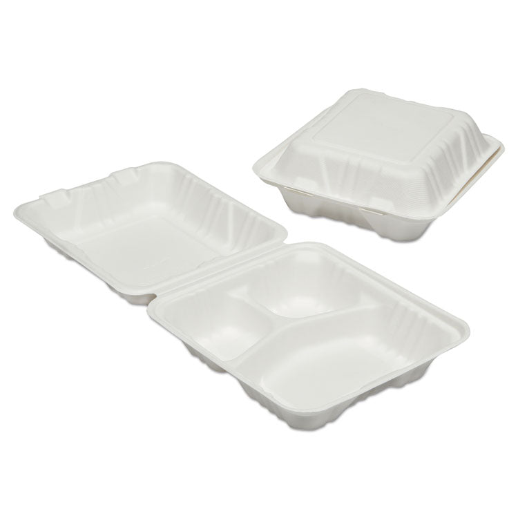 7350016646905, SKILCRAFT Clamshell Hinged Lid ToGo Food Containers, 3 Compartments, 8 x 8 x 3, White, Paper, 200/Box