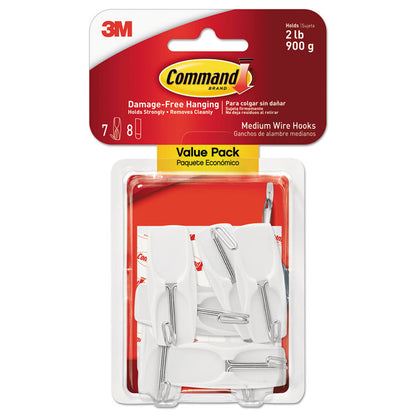 Medium Wire Hooks, Metal Wire, Silver/White, Supports 2 lb, 7/Pack