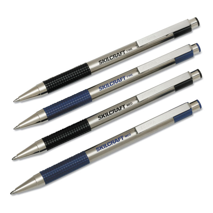 7520016661052, SKILCRAFT Zebra Ballpoint Pen, Retractable, Medium 1 mm, Blue Ink, Stainless Steel Barrel, 2/Pack