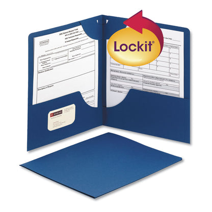 Lockit Two-Pocket Folders in Textured Stock, Accommodates (100) 11 x 8.5 Sheets, Dark Blue, 25/Box