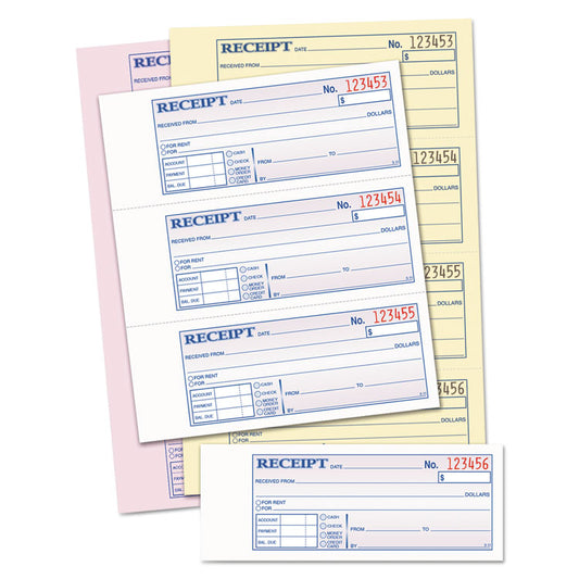 Money and Rent Receipt Book, Account + Payment Sections, Three-Part Carbonless, 7.13 x 2.75, 4 Forms/Sheet, 100 Forms Total