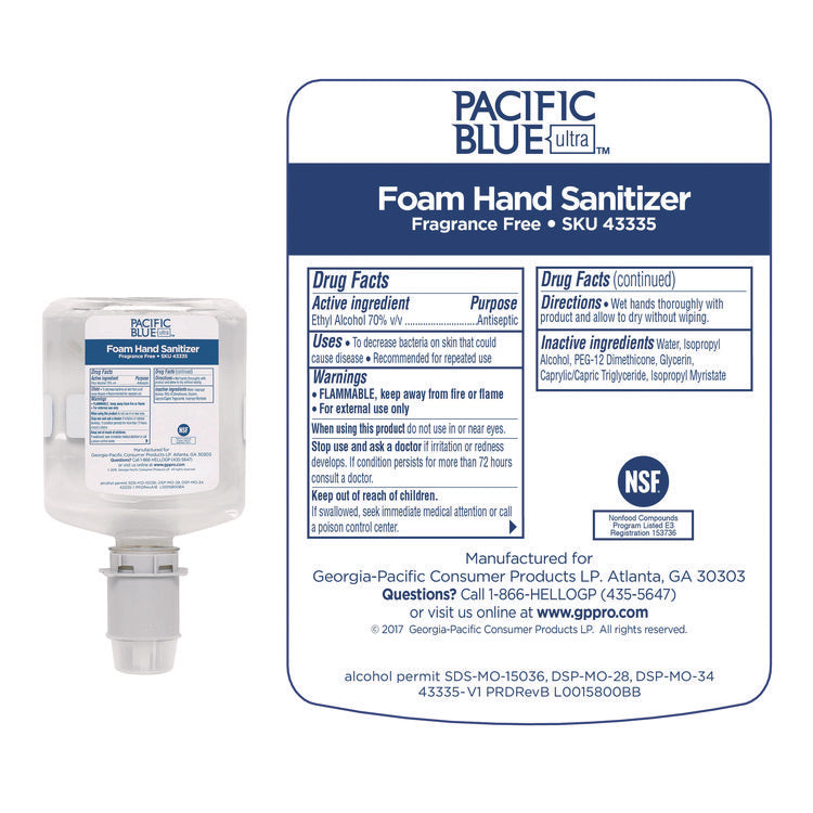 Pacific Blue Ultra Foam Hand Sanitizer Refill For Manual Dispensers, 1,000 mL, Fragrance-Free, 4/Carton