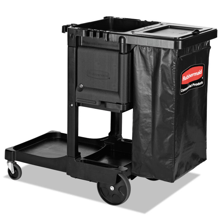 Executive Janitorial Cleaning Cart, Plastic, 4 Shelves, 1 Bin, 21.75" x 46" x 38.38", Black