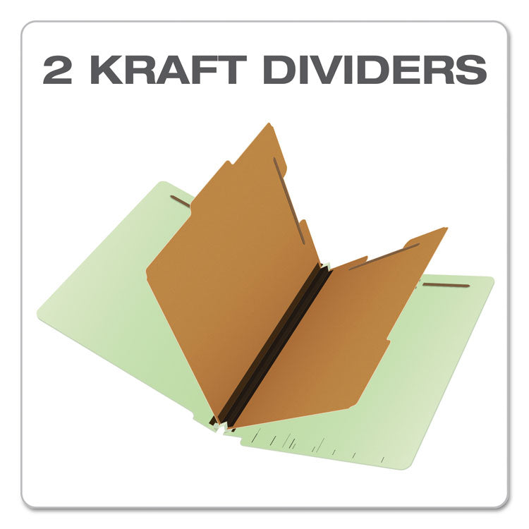 End Tab Classification Folders, Straight Tab, Expands 2.5", 2 Dividers, 6 Fasteners, Letter Size, Pale Green, 10/Box