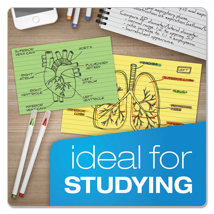 Ruled Index Cards, 4 x 6, Blue/Violet/Canary/Green/Cherry, 100/Pack