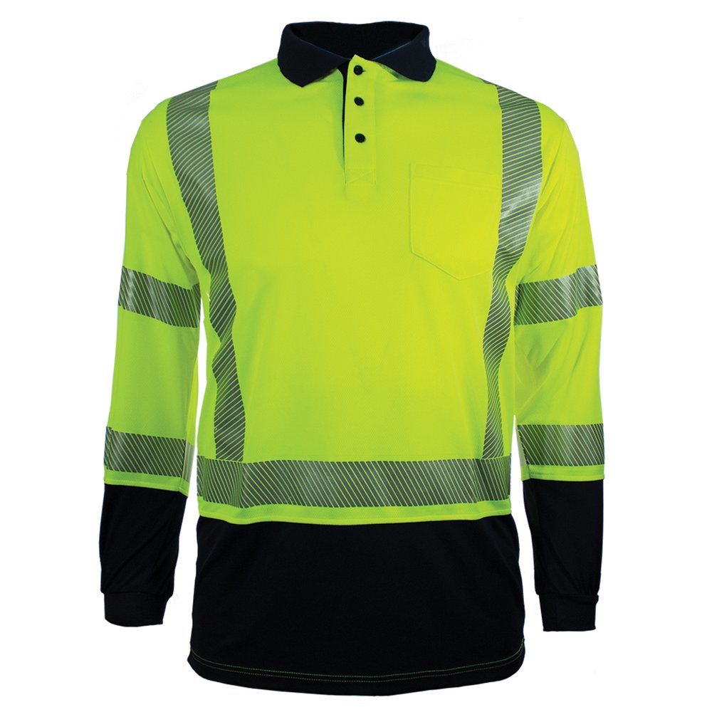Reflective Apparel by PIP T R CL3 L.sleeve M.wicking Polo W/NAVY YEL M