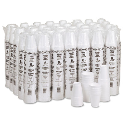 Foam Drink Cups, 6 oz, White, 25/Bag, 40 Bags/Carton