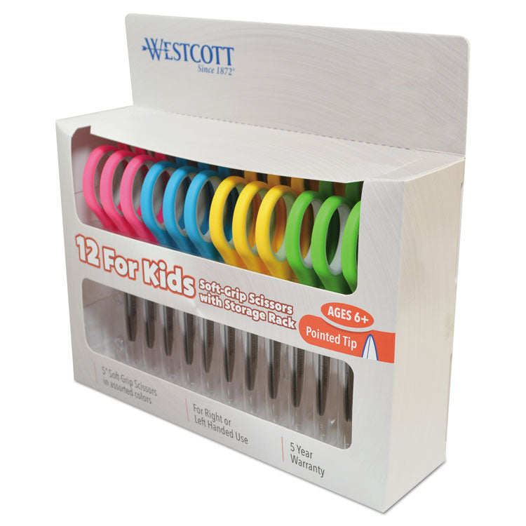 Soft Handle Kids Scissors, Pointed Tip, 5" Long, 1.75" Cut Length, Straight Assorted Color Handles, 12/Pack