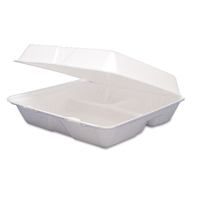 Foam Hinged Lid Containers, 3 Compartments, 9.25 x 9.5 x 3, White, 100/Sleeve, 2 Sleeves/Carton