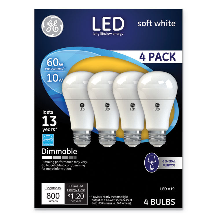 LED SW A19 Dimmable Light Bulb, 10 W, Soft White, 4/Pack