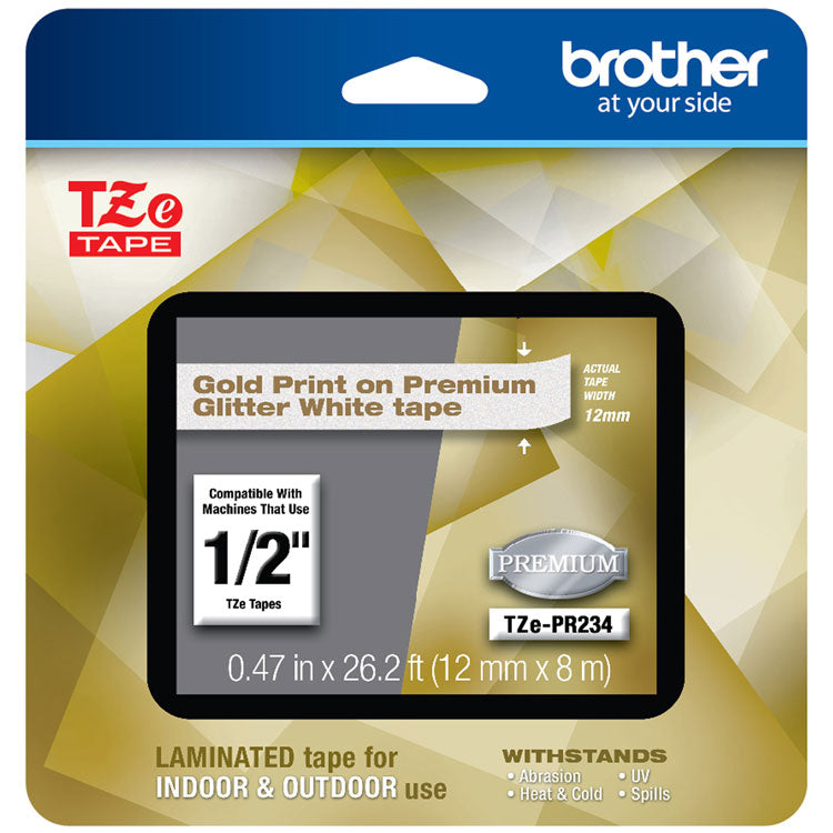 TZe Premium Laminated Tape, 0.47" x 26.2 ft, Gold on White