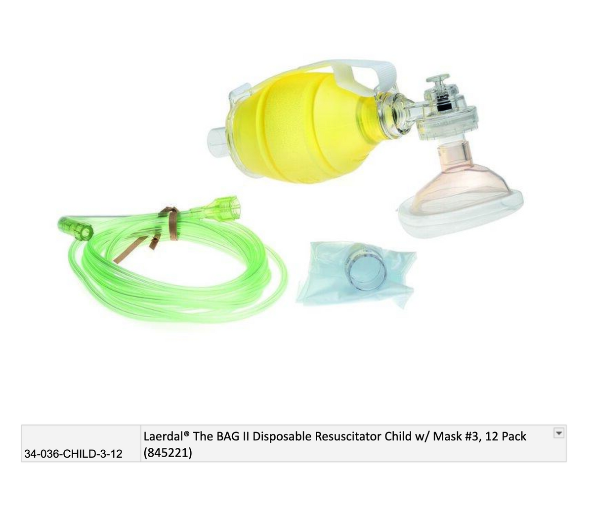 Kemp USA Laerdal® The BAG II Disposable Resuscitator Child w/ Mask #3, 12 Pack (845221)