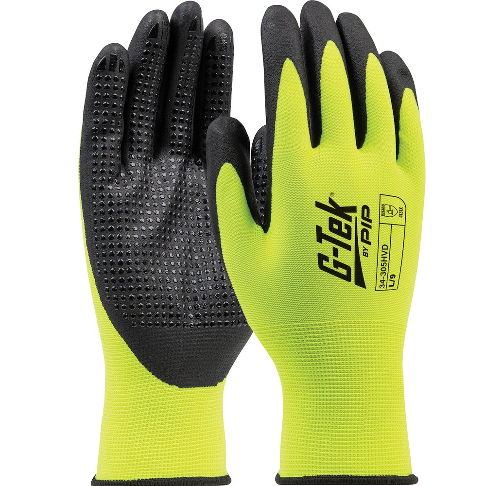 G-Tek by PIP Knit HI-VIS Polyester Glove Nitrile GRIP-15GAUGE, 12 Pairs/Dozen