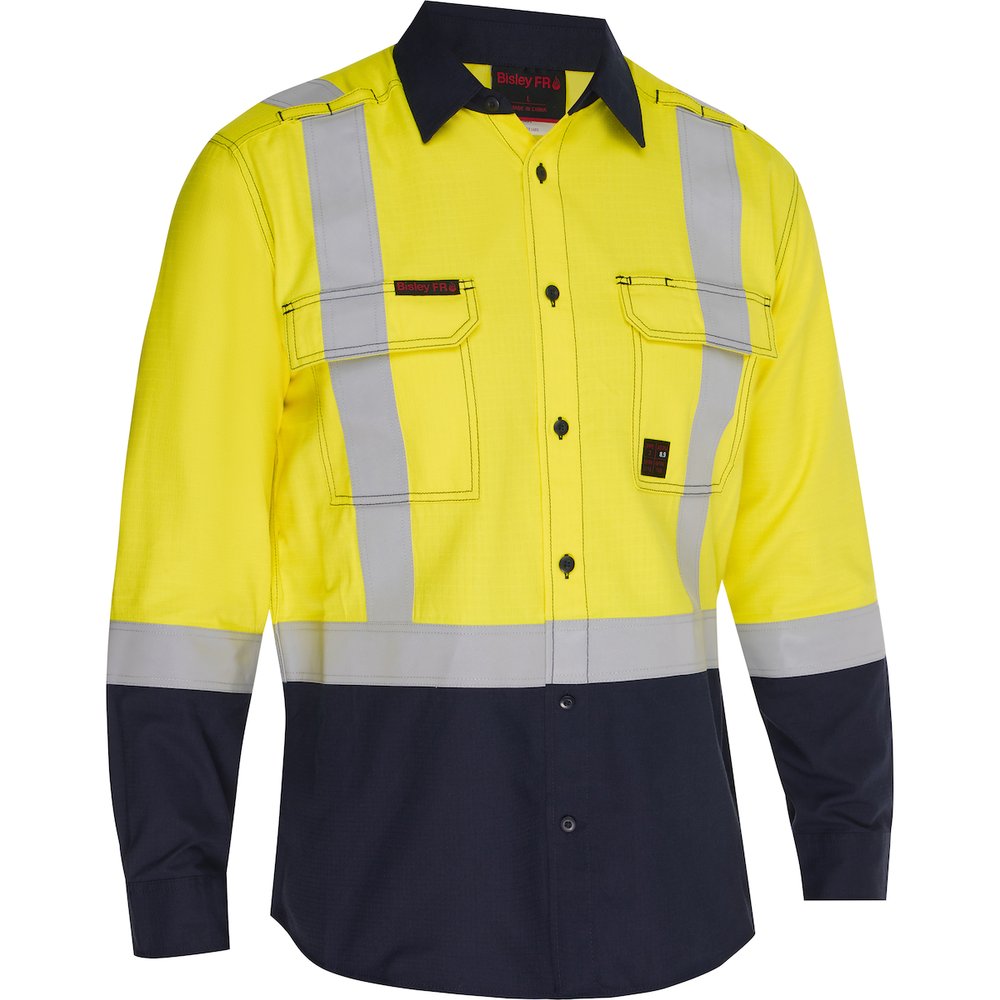 Bisley Workwear by PIP AR/FR MEN Ripstop Lsleeve Button Down YEL/NVY XL