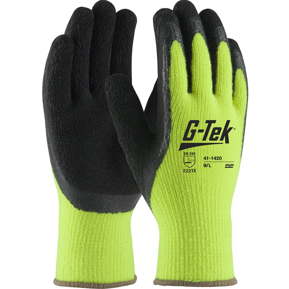 G-Tek by PIP HI-VIS Knit Acrylic Glove W/LATEX Grip P/F/T M, 12 Pairs/Pack