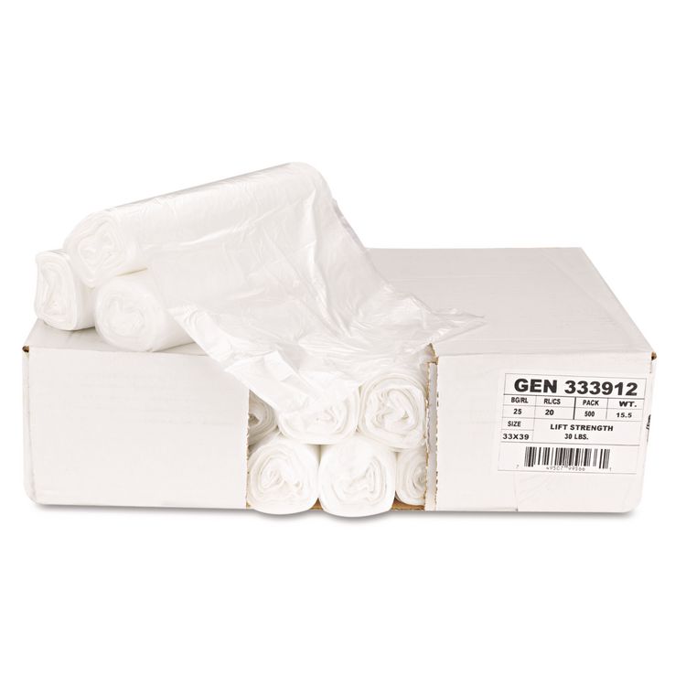 High-Density Can Liners, 33 gal, 9 mic, 33" x 39", Natural, Perforated Roll, 25 Bags/Roll, 20 Rolls/Carton