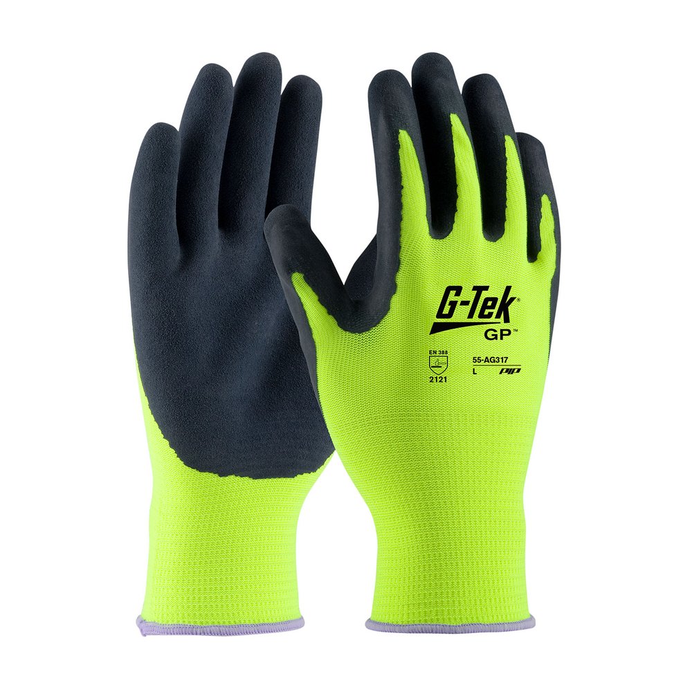 G-Tek by PIP HI-VIS Knit Polyester Glove Latex Grip P/F S, 12 Pairs/Pack