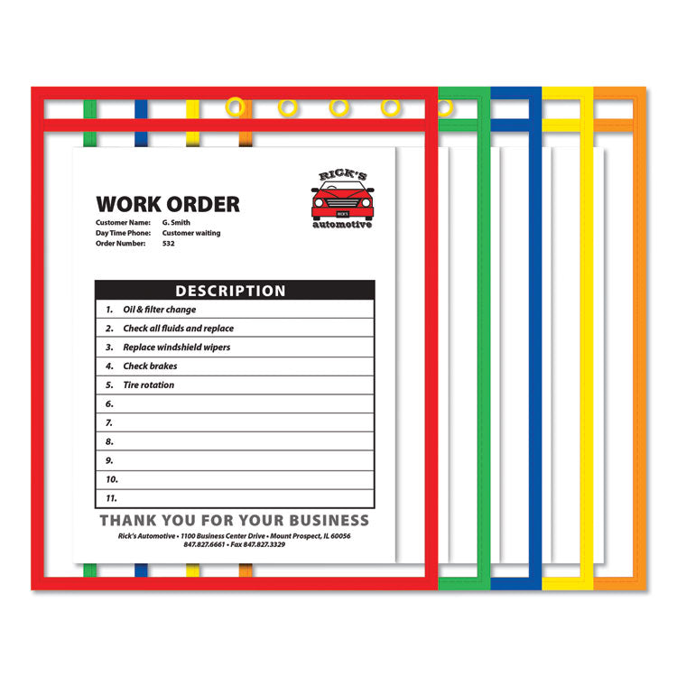 Neon Stitched Shop Ticket Holders, Super Heavy-Duty, Top Load 9 x 12 Insert, Clear Front, Assorted Neon Border Colors, 10/Box
