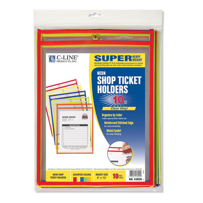 Neon Stitched Shop Ticket Holders, Super Heavy-Duty, Top Load 9 x 12 Insert, Clear Front, Assorted Neon Border Colors, 10/Box