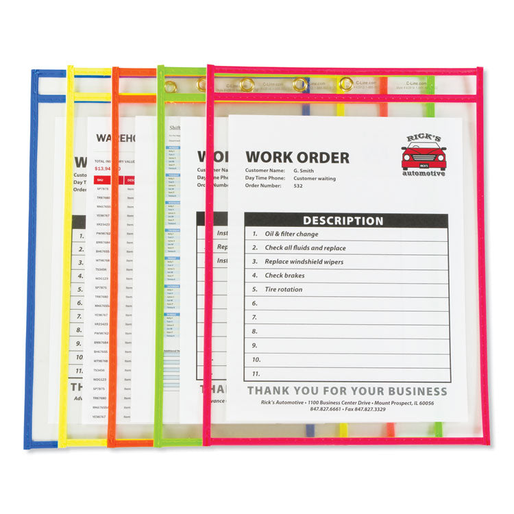 Neon Stitched Shop Ticket Holders, Super Heavy-Duty, Top Load 9 x 12 Insert, Clear Front, Assorted Neon Border Colors, 10/Box