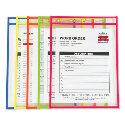 Neon Stitched Shop Ticket Holders, Super Heavy-Duty, Top Load 9 x 12 Insert, Clear Front, Assorted Neon Border Colors, 10/Box