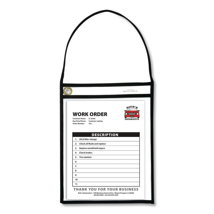 Stitched Shop Ticket Holders, 22" Hang Strap, Super Heavy-Duty, Top Load 9 x 12 Insert, Clear Front, Black Border, 15/Box