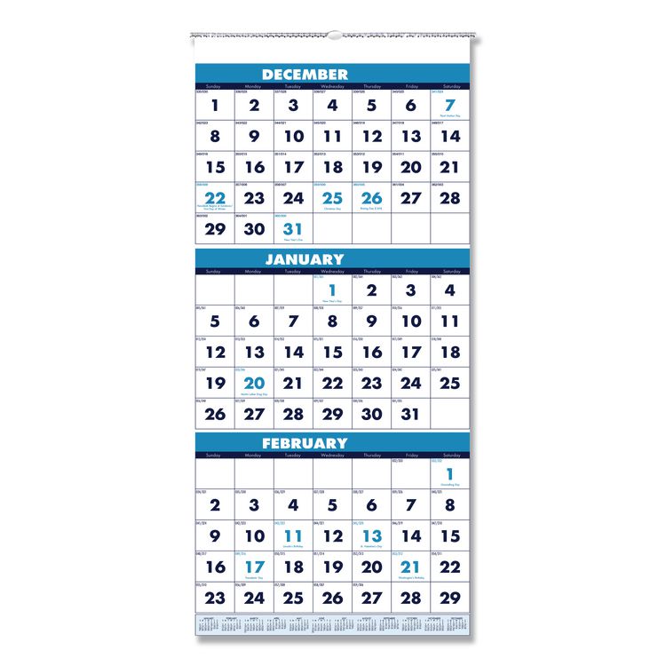 Recycled Three-Month Format Wall Calendar, Vertical Orientation, 12.25 x 26, White Sheets, 14-Month: Dec 2025 to Jan 2027