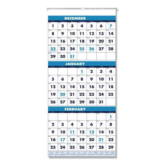 Recycled Three-Month Format Wall Calendar, Vertical Orientation, 12.25 x 26, White Sheets, 14-Month: Dec 2025 to Jan 2027