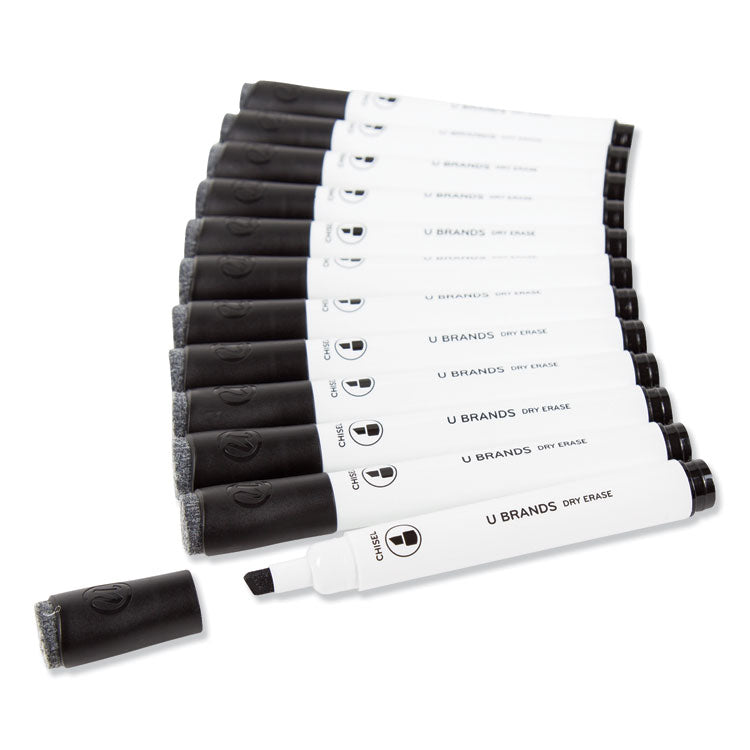Chisel Tip Low-Odor Dry-Erase Markers with Erasers, Broad Chisel Tip, Black, Dozen