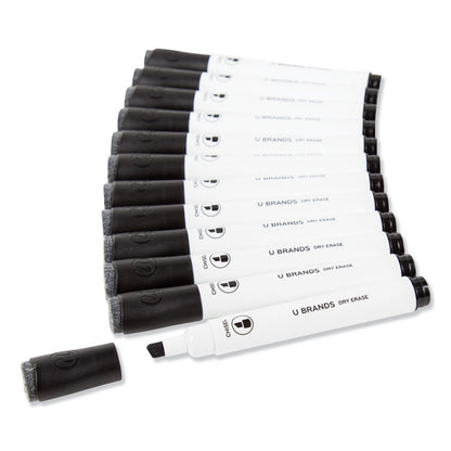 Chisel Tip Low-Odor Dry-Erase Markers with Erasers, Broad Chisel Tip, Black, Dozen