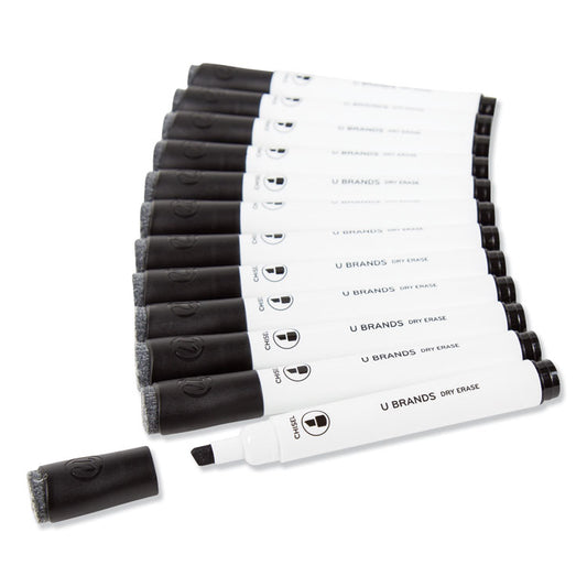 Chisel Tip Low-Odor Dry-Erase Markers with Erasers, Broad Chisel Tip, Black, Dozen