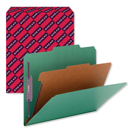 Pressboard Top Tab Classification Folders, Expands 2", 1 Divider, 4 SafeSHIELD Fasteners, Letter Size, Green, 10/Box