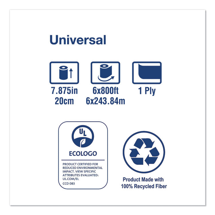 Universal Hand Towel Roll, 1-Ply, 7.88" x 800 ft, White, 6 Rolls/Carton