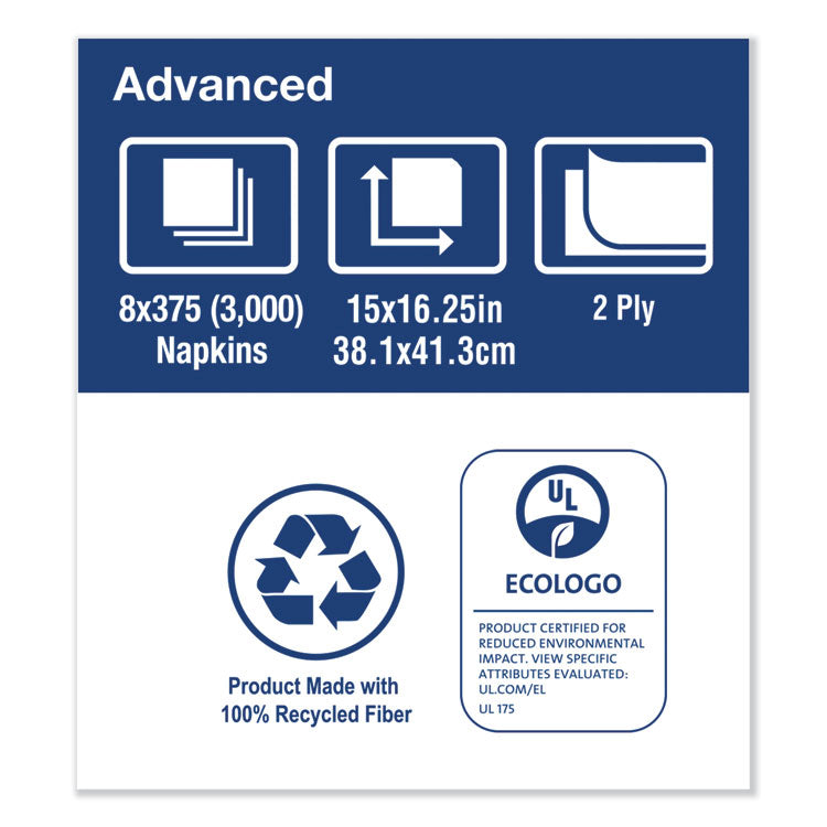 Advanced Dinner Napkins, 2-Ply, 15 x 16.25, White, 375/Pack, 8 Packs/Carton
