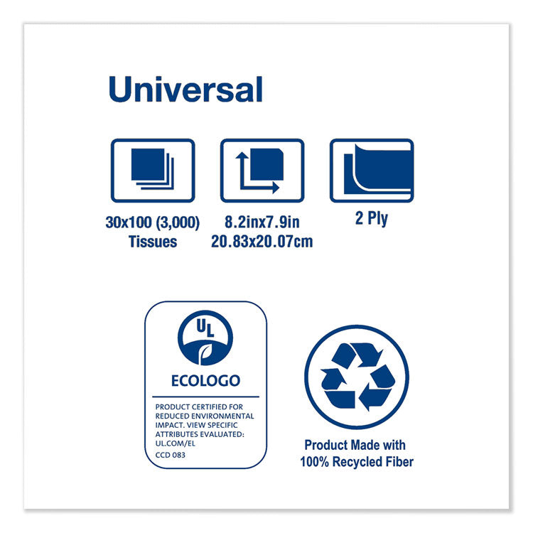 Universal Facial Tissue, 2-Ply, White, 100 Sheets/Box, 30 Boxes/Carton