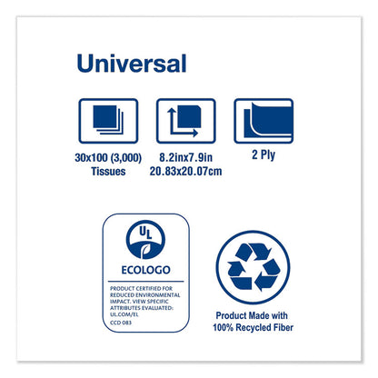 Universal Facial Tissue, 2-Ply, White, 100 Sheets/Box, 30 Boxes/Carton