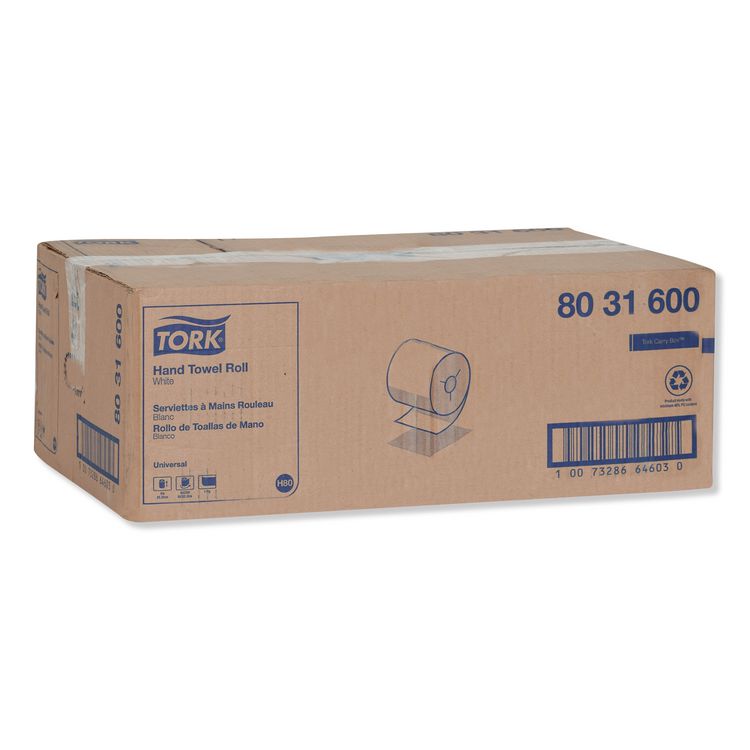 Universal Hand Towel Roll, Notched, 1-Ply, 7.5" x 630 ft, White, 6 Rolls/Carton