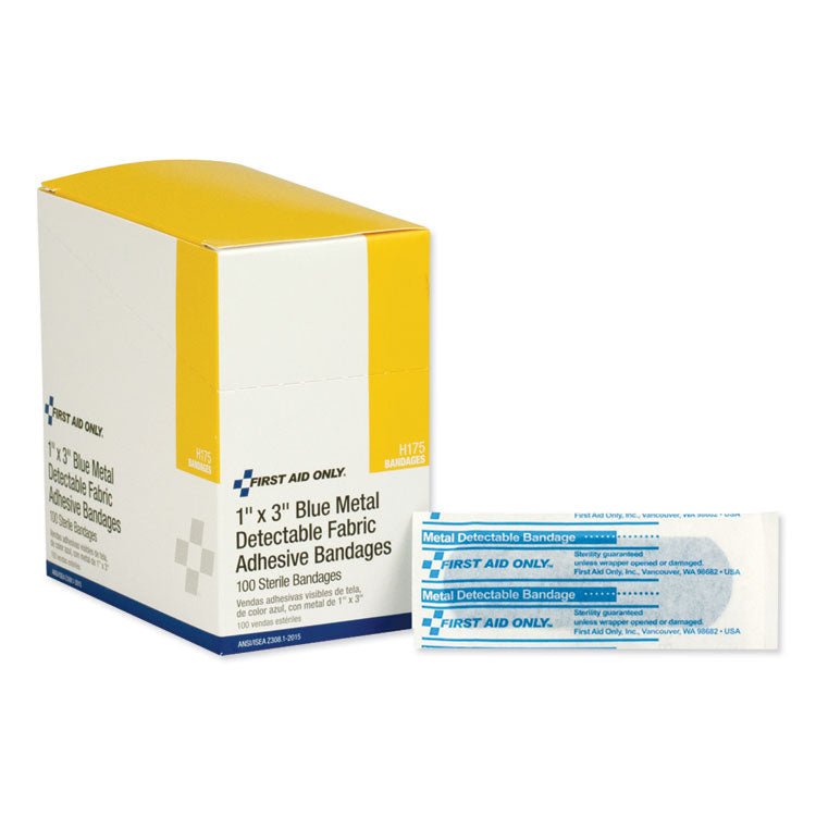 Adhesive Blue Metal Detectable Bandages, 1 x 3, 100/Box, 12 Boxes/Carton