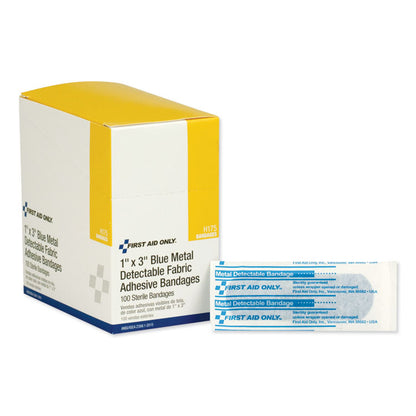 Adhesive Blue Metal Detectable Bandages, 1 x 3, 100/Box, 12 Boxes/Carton
