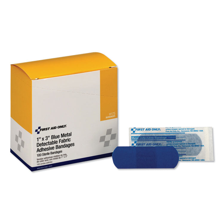 Adhesive Blue Metal Detectable Bandages, 1 x 3, 100/Box, 12 Boxes/Carton