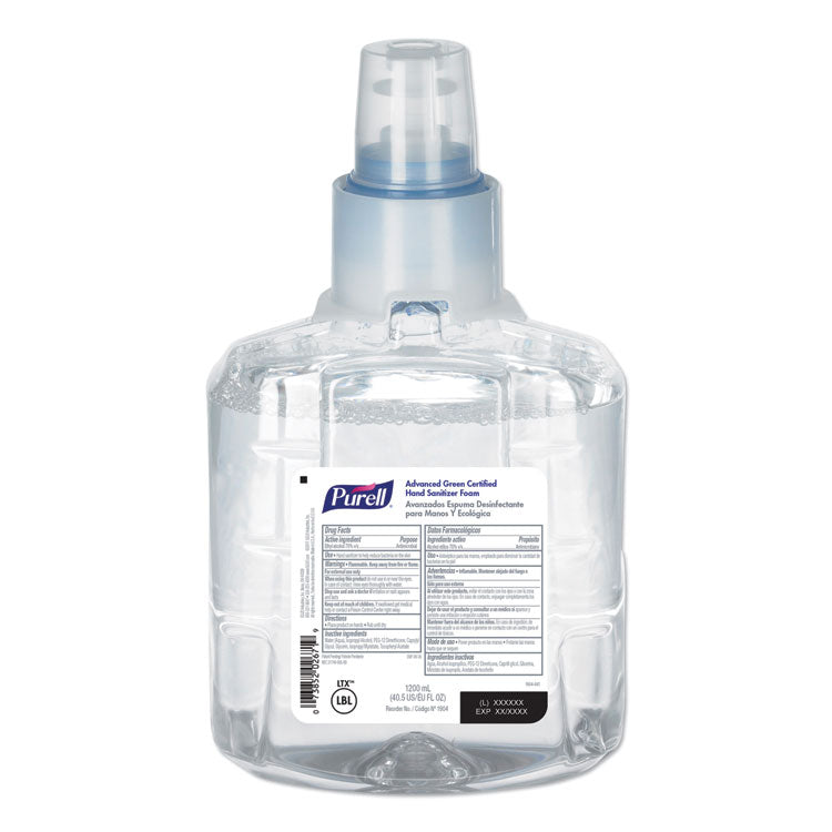 Advanced Hand Sanitizer Green Certified Foam Refill, For LTX-12 Dispensers, 1,200 mL, Fragrance-Free, 2/Carton