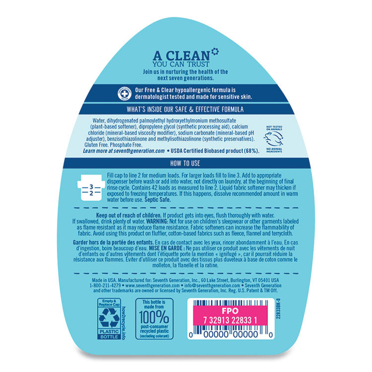 Natural Liquid Fabric Softener, Free and Clear Scent, 42 Loads, 32 oz Bottle, 6/Carton