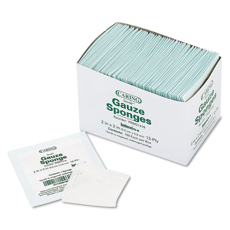 Caring Woven Gauze Sponges, Sterile, 12-Ply, 2 x 2, 2,400/Carton