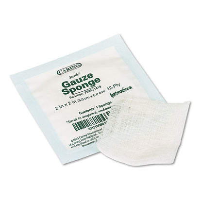 Caring Woven Gauze Sponges, Sterile, 12-Ply, 2 x 2, 2,400/Carton