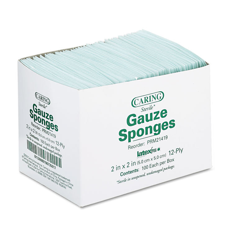 Caring Woven Gauze Sponges, Sterile, 12-Ply, 2 x 2, 2,400/Carton